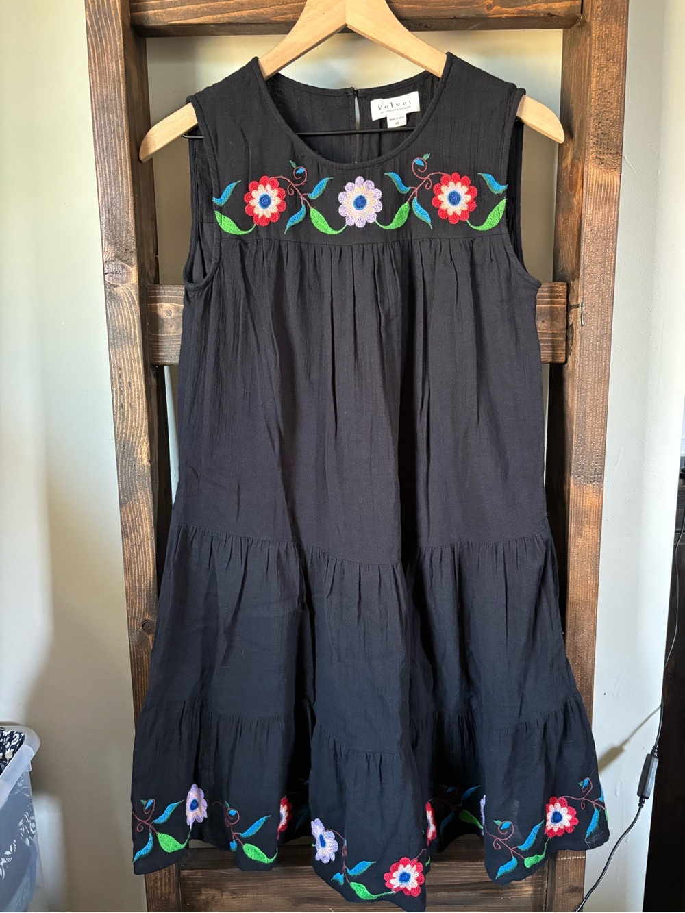Velvet - Women’s Black Embroidered Floral Tiered Dress
